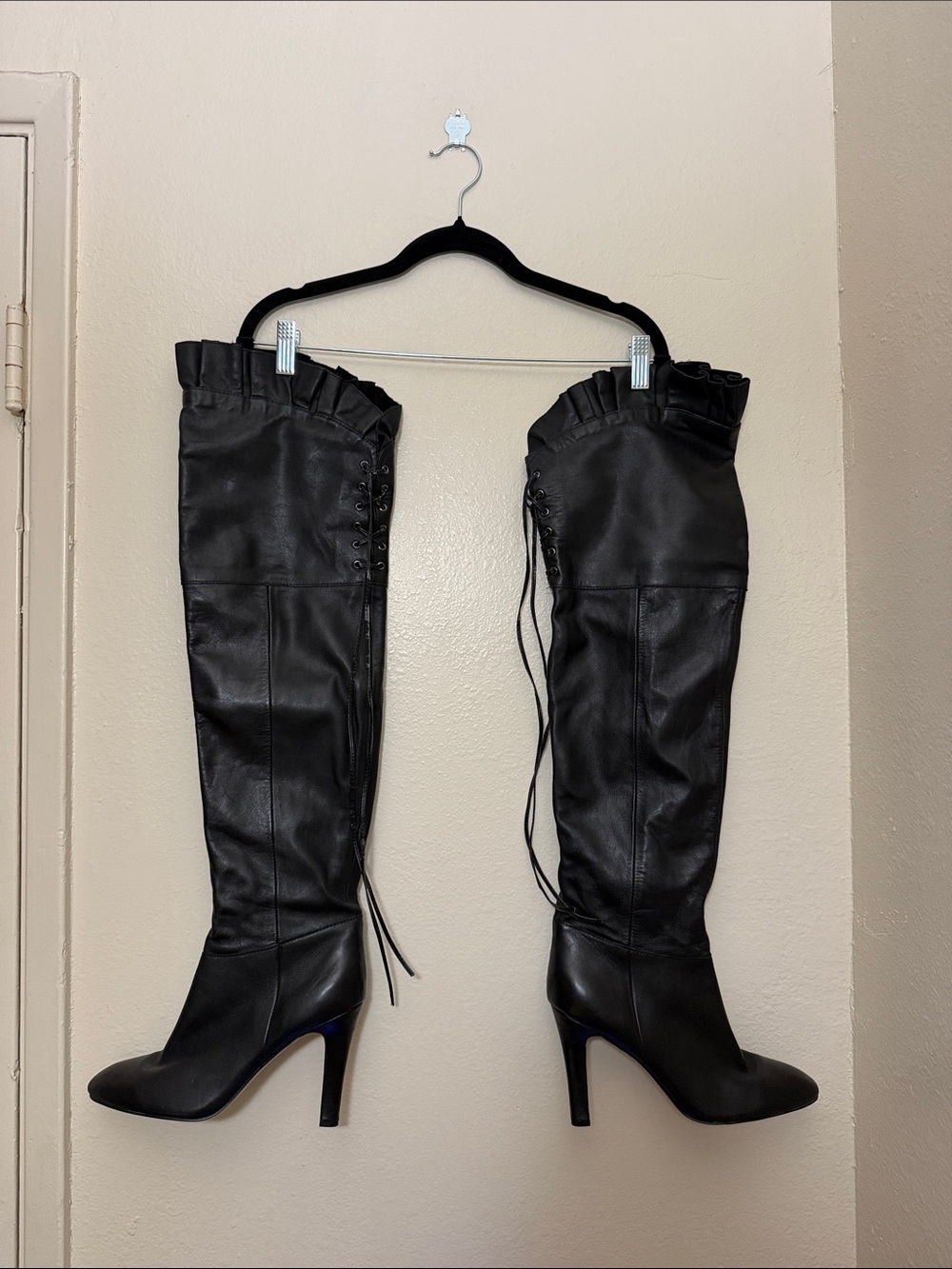 Sexy Kelsi Dagger Black Over-the-Knee Lace-Up Stiletto Boots Feminine Size 11